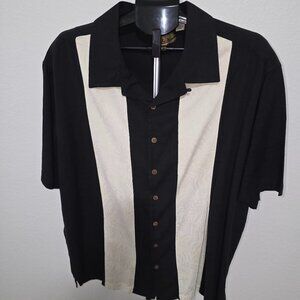 CARIBBEAN BRAND MENS 2X BLACK AND CREAM SHORT SLEEVE SHIRT 74% SILK 26% COTTON